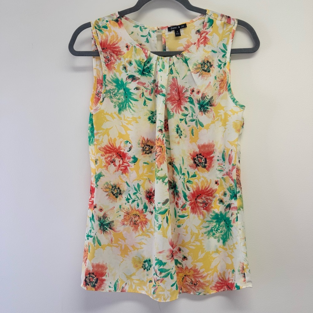 Sami & Jo Yellow Floral Sleeveless Pleat Front Camisole Like New Size S